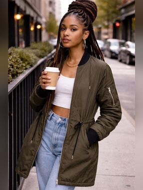 Dex Olive Bomber Coat with Drawstring Waist